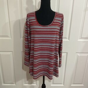 LuLaRoe L Red and Gray Striped Long Sleeve Lynnae Top